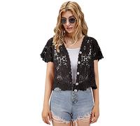 Women's Short Sleeve Bolero Shrugs Crochet Lace Open Cardigan, Black-080, One Size