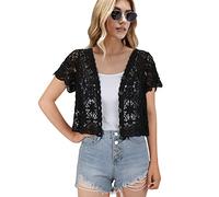 Women's Short Sleeve Bolero Shrugs Crochet Lace Open Cardigan, Black, One Size