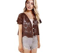 Women's Short Sleeve Bolero Shrugs Crochet Lace Open Cardigan, Brown-090, One Size