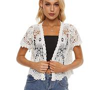 Women's Short Sleeve Bolero Shrugs Crochet Lace Open Cardigan, White-a, One Size