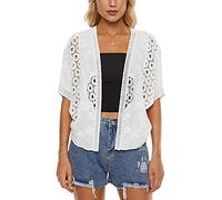 Women's Short Sleeve Bolero Shrugs Crochet Lace Open Cardigan, White-b, One Size