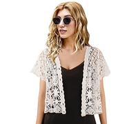 Women's Short Sleeve Bolero Shrugs Crochet Lace Open Cardigan, White, One Size