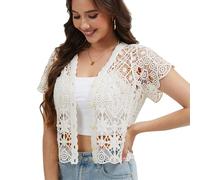 Women's Short Sleeve Bolero Shrugs Crochet Lace Open Cardigan, White, One Size
