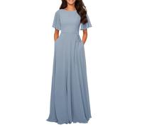 Women's Short Sleeve Bridesmaid Dresses Boat Neck Chiffon Formal Evening Party Gown YIAX202 Dusty Blue UK20
