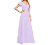 Women's Short Sleeve Bridesmaid Dresses V-Neck Maid of Honor Chiffon Evening Formal Party Gowns ZM109 Lilac UK18