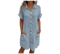 Womens Short Sleeve Button Front Pleated Shirt Dress Linen Dresses Cotton Shirts for Women UK Seleeve with Pocket Women's Summer Black Petite Shift T Denim Ladies Through Blue #4 S