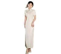 Women's Short Sleeve Cheongsam - Summer Lace Jacquard Chinese Style Cheongsam Retro Side Button Bridal Toast Solid Color Mid-Length Large Size Dress,Beige,6XL