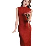 Women's Short Sleeve Cheongsam - Summer Sleeveless Sexy Side Split Cotton Classic Jacquard Dress Chinese Style Elegant Solid Color Stand Collar Cheongsam,Red,XL