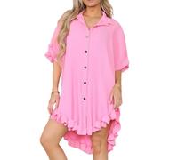 Womens Short Sleeve Collared Pleated Swing Mini Dress Ladies Plain Gold Button Frill Peplum Summer Dress Casual Loose Fit Oversized Baggy Top UK Plus Size(Candy Pink-16/18)