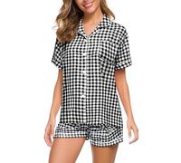 Womens Short Sleeve Cotton Pyjamas Set, Womens Button Down Pyjamas Set Two Piece Pajamas Short Sleeve Button Up Top And Shorts With Pockets Pjs Ladies Casual Sleepwear Loungewear