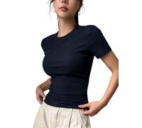 Womens Short Sleeve Crew Neck Tee Tops Fitted Solid Color T-Shirt Blouse Fall Clothes (Navy Blue Small)