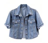 Women's Short Sleeve Denim Jacket,Lapel Button Down Denim Coat Summer, L