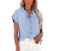 Womens Short Sleeve Denim Shirts with Pockets Button Down Chambray Jean Western Shirts Summer Loose Casual Solid Collared Tops Blouse Blue