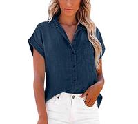 Womens Short Sleeve Denim Shirts with Pockets Button Down Chambray Jean Western Shirts Summer Loose Casual Solid Collared Tops Blouse Dark Blue