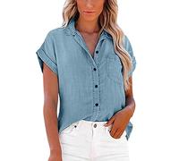Womens Short Sleeve Denim Shirts with Pockets Button Down Chambray Jean Western Shirts Summer Loose Casual Solid Collared Tops Blouse Light Blue