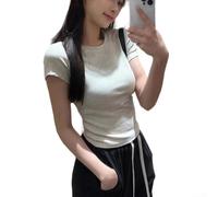 Women's Short Sleeve Elegant Tops Summer Tops Solid Colour Korean Style Regular Length S-XL (Grey M)