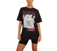 Womens Short Sleeve Fearless Tiger Printed T Shirt Ladies Oversized Baggy Rock & Roll Tops (Black UK 12-14)