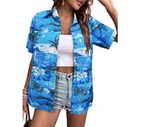 Womens Short Sleeve Hawaiian Shirts Button Down V Neck Floral Printed Shirt Summer Casual Beach Blouses Tops