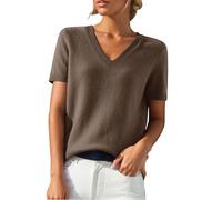 Womens Short Sleeve Jumpers V Neck Petite Lightweight Spring Autumn Fine Knitted Slim Fit Going Out Tshirt Pullovers Fashion Ladies Tops Stretch Soft Knitwear Basic Sweaters Coffee
