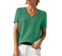 Womens Short Sleeve Knitted T-Shirt Sweaters Soft V-Neck Jumper Cable Knit Elegant Jumper Sweatshirt Spring Wool Blend Pullover Top Outfits Ladies Light Knit All Season Casual Jumpers Shirts Green