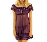 Women's Short Sleeve Lace Satin Vintage Nightdress Pajamas Nightwear Sleepwear Satin Lingerie Plus Size for Women (Purple, XXXXXL)