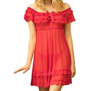 Women's Short Sleeve Lace Satin Vintage Nightdress Pajamas Nightwear Sleepwear Satin Lingerie Plus Size for Women (Red, XXXXXL)