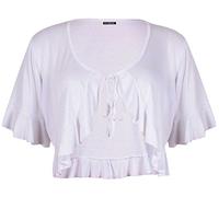 Womens Short Sleeve Ladies Stretch Frill Front Neck Tie Cropped Plain Cardigan Bolero Shrug Top Plus Size White 16-18