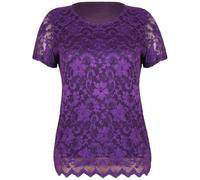 Womens Short Sleeve Ladies Stretch Round Scoop Neckline Lined Floral Lace Blouse T-Shirt Top Plus Size Purple 14