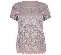 Womens Short Sleeve Ladies Stretch Round Scoop Neckline Lined Floral Lace Blouse T-Shirt Top Plus Size Mocha 22-24