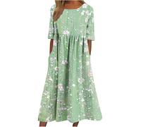 Women's Short Sleeve Maxi Summer Dresses Elegant Boho Floral Printed Long Dress with Pocket Round Neck Pullover Dress Loose Flowy Hem Dresses Beach Vacation Daily Wear