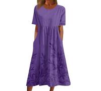 Women's Short Sleeve Maxi Summer Dresses Round Neck Pullover Dress Elegant Floral Printed Long Dress with Pocket Loose Flowy Hem Boho Dress Beach Daily Wear