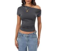 Women's Short Sleeve Off The Shoulder Crop Tops Ruffled Fitted Tight T-Shirt Y2k Sexy Basic Summer Going Out Top, dark grey, S