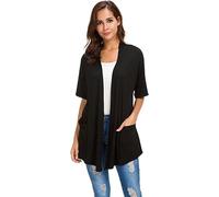 Womens Short Sleeve Open Front Lightweight Casual Comfy Long Line Drape Hem Soft Modal Cardigans Sweater with Two Pockets-Black-X-Large