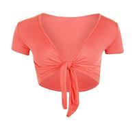 Womens Short Sleeve Open Front Tie Up Shrug Ladies Plain Fancy Party Shirt Top (Coral UK 8-10)