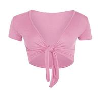 Womens Short Sleeve Open Front Tie Up Shrug Ladies Plain Fancy Party Shirt Top (Light Pink UK 12-14)