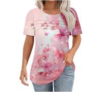Womens Short Sleeve Pleated T-Shirt Ladies Crewneck Floral Printed Tunic Tees Fashion Dressy Tunic Blouses Top