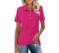 Women's Short Sleeve Polo Shirts Cotton Short Sleeve Half Button V Neck Solid Color Basic Shirts Plus Size Loose Fit Stretch Quick Dry Casual Golf Henley Tops Hot Pink