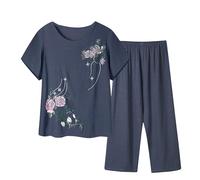 Women's Short Sleeve Pyjama Set Cotton Linen Sets Ladies Pyjamas 2 Pieces Pjs Sets Printed Round Neck T Shirts + Pyjama Bottoms Loose Sleepwear Soft Comfy Loungewear Summer Casual Homewear Nightwear