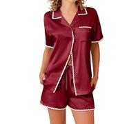 Womens Short Sleeve Pyjamas Set - Cotton Summer Pyjamas Women Button Up - Button Down Shirt With Collar Pocket V Neck Shirts Contrasting Trim Elastic Waist Bottom 2 Piece Pajama Set Cozy Loungewear