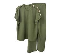 Womens Short Sleeve Round Neck Gold Button Shoulder Popcorn Texture Tracksuit Ladies Loungewear Cheese Cloth Top With Elastic Waist Trouser Co ord Set