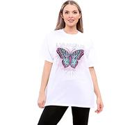 Women's Short Sleeve Round Neck Oversized Printed Long Casual Summer Baggy Fashion Ladies T-Shirt Tees Plus Size Tops UK 8-20 (L'Amour Butterfly White, 14)