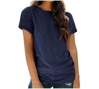 Womens Short Sleeve Round Neck T-Shirts Cotton Tunic Tops Summer Fashion Basic Tee Tops Solid Color Top Ladies Comfy Baggy Tshirts Athletic Gym Tee Top Plain Shirts Casual Blouses S-XXL Navy