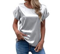 Women's Short Sleeve Satin Blouses Casual Loose Crewneck Silk Shirts Roll Up Sleeve Tunic Tops S-XXL(Grey,XX-Large)