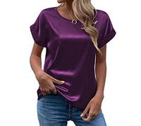 Women's Short Sleeve Satin Blouses Casual Loose Crewneck Silk Shirts Roll Up Sleeve Tunic Tops S-XXL(PP2,XX-Large)