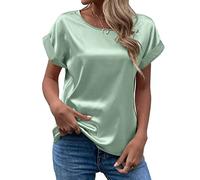 Women's Short Sleeve Satin Blouses Casual Loose Crewneck Silk Shirts Roll Up Sleeve Tunic Tops S-XXL(GN2,X-Large)