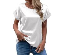 Women's Short Sleeve Satin Blouses Casual Loose Crewneck Silk Shirts Roll Up Sleeve Tunic Tops S-XXL(White,X-Large)