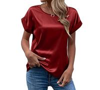 Women's Short Sleeve Satin Blouses Casual Loose Crewneck Silk Shirts Roll Up Sleeve Tunic Tops S-XXL(RD2,Medium)
