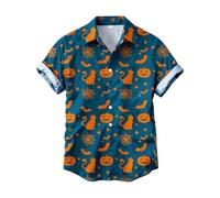 Women's Short Sleeve Shirt with Halloween Pattern, Casual Blouse with Cats, Pumpkins and Bats, Loose Button-Down Shirt for October, style_e01 blue, M