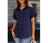 Women's Short Sleeve Shirts V Neck Collared Button Down Shirt Tops with Pockets