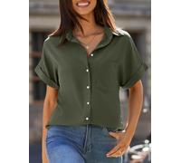 Women's Short Sleeve Shirts V Neck Collared Button Down Shirt Tops with Pockets (ArmyGreen, XL)